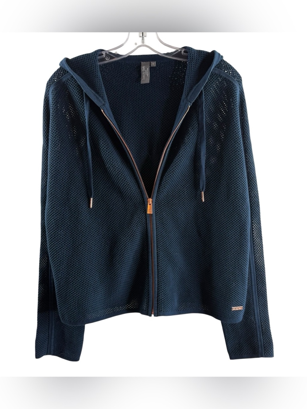 SWEATY BETTY Teal Zip-Front Hooded Knit Mesh Sweater $78